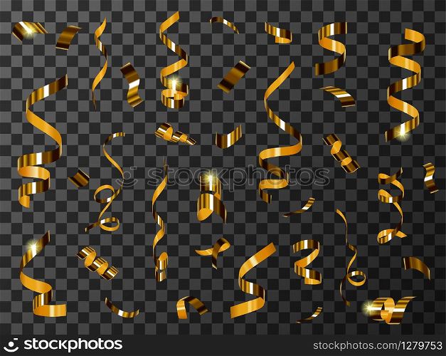 Golden confetti or tinsel isolated on transparent background realistic vector. Shining golden twisted spiral papers, sparkling holiday elements to create festive birthday, New Year or Christmas design. Golden confetti or tinsel isolated on transparent