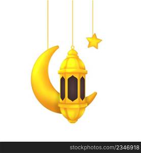 Golden Crescent Moon With Lantern Arabian Style Vector Isolated