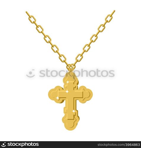 Golden cross necklace on chain of gold jewelry. crucifix Orthodox symbol of expensive jewelry. Christian and Catholic Accessory precious yellow metal. Fashionable Luxury treasure&#xA;