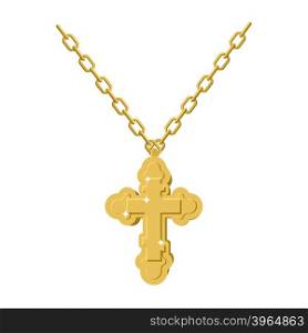 Golden cross necklace on chain of gold jewelry. crucifix Orthodox symbol of expensive jewelry. Christian and Catholic Accessory precious yellow metal. Fashionable Luxury treasure&#xA;
