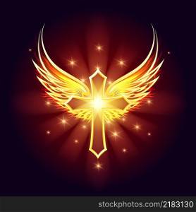 Golden Cross With Shining Wings On Black Background. Vector illustration.