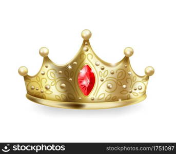 Golden crown. 3D realistic gold queen or princess sign, luxury head accessory, monarch majestic jewel diadem with ruby and pearl gemstone, royal imperial coronation symbol vector isolated object. Golden crown. 3D realistic gold queen sign, luxury head accessory, monarch majestic jewel diadem with ruby and pearl gemstone, royal imperial coronation symbol vector object