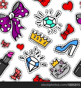 Golden crown and decorative ribbon bow, shoe on heel and heart, lipstick and cat. Seamless pattern of girly stickers and glamour field. Accessories and objects for girls. Diamond or brilliant vector. Girly feminine print, crown and ribbon stickers seamless pattern