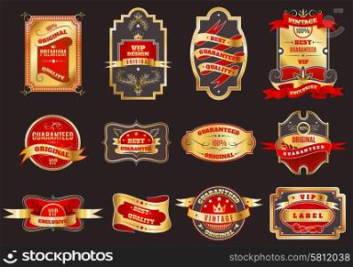 Golden crown highest quality best choice for vip customers retro emblems labels collection abstract vector isolated illustration. Golden retro labels emblems collection