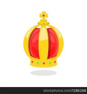 Golden crown of king, vector isolated illustration in red and gold colors, royalty flat shape
