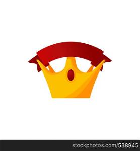 Golden crown with red riibbon icon in cartoon style on a white background . Golden crown with red riibbon icon, cartoon style