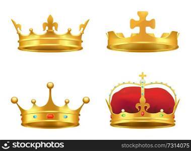 Golden crowns with gems 3d icons set. Shiny kings crowns with precious stones realistic vector isolated on white. Monarch power symbol illustration. Golden Crown with Gems 3d Icon Realistic Vector