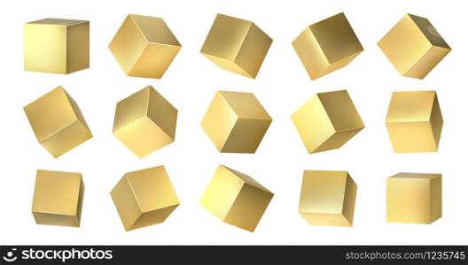 Golden cubes. Realistic 3D blocks of yellow metal from different isometric angles, golden square shapes design. Vector metallic set 3D isometric yellow metal box on white background. Golden cubes. Realistic 3D blocks of yellow metal from different isometric angles, golden square shapes design. Vector metallic set