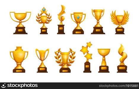 Golden cup. Cartoon winning award. Sport competitions trophy of gold. Isolated blank achievement reward with handles. First place metal gift. Victory and triumph. Vector shiny championship prizes set. Golden cup. Cartoon winning award. Sport competitions trophy of gold. Blank achievement reward with handles. First place metal gift. Victory and triumph. Vector championship prizes set