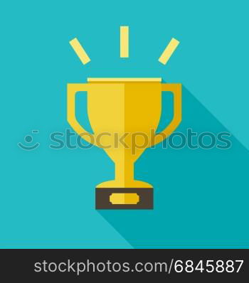 Golden cup in flat style. Vector banner of championship cup with long shadow.