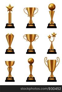 Golden cup realistic. 3d sport competition winning trophies medals vector illustrations isolated. Cup and prize, sport award and reward. Golden cup realistic. 3d sport competition winning trophies medals vector illustrations isolated