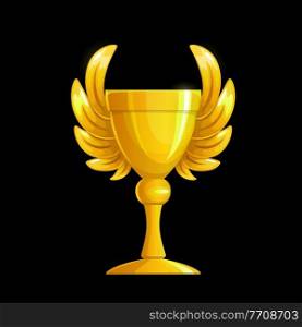 Golden cup with wings, gold award and winner trophy, vector ch&ion prize. Golden cup of victory or winner goblet with wings for sport ch&ionship first place, best game and competition reward. Victory cup with golden wings, winner award trophy