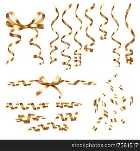 Golden curled ribbons serpentine realistic set with isolated images of festive decorations on blank background vector illustration