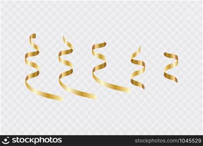 Golden curly ribbon serpentine confetti. Golden streamers set on transparent background. Colorful design decoration party, holiday event, carnival, Christmas, New Year greeting. Vector illustration.. Golden curly ribbon serpentine confetti. Golden streamers set on transparent background. Colorful design decoration party, holiday event, carnival, Christmas, New Year greeting. Vector illustration