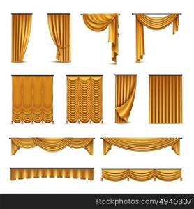 Golden Curtains Drapery Realistic Icons Collection . Golden silk velvet luxury curtains and draperies interior decoration design ideas realistic icons collection isolated vector illustration