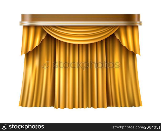 Golden curtains. Luxury fabric drapes in realistic style isolated on white background. Golden curtains. Luxury fabric drapes in realistic style