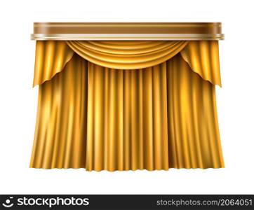 Golden curtains. Luxury fabric drapes in realistic style isolated on white background. Golden curtains. Luxury fabric drapes in realistic style