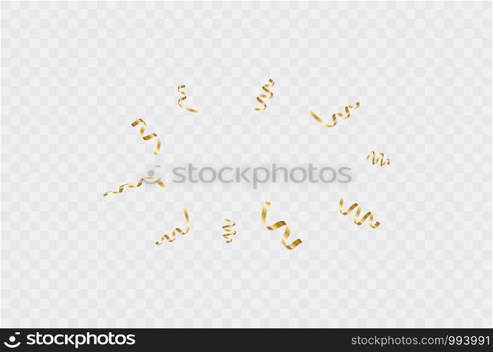 Golden curved confetti isolated on transparent background. Confetti burst. Festive vector illustration.. Golden curved confetti isolated on transparent background. Confetti burst. Festive vector illustration