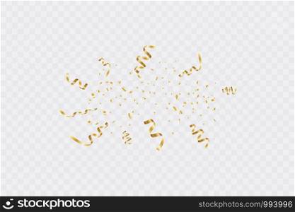 Golden curved confetti isolated on transparent background. Confetti burst. Festive vector illustration.. Golden curved confetti isolated on transparent background. Confetti burst. Festive vector illustration