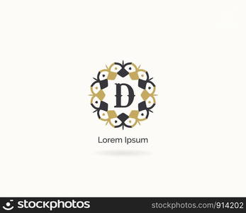 Golden D letter logo design. Luxury letter D monogram. Cosmetics and beauty product mandala illustration.