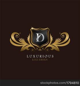 Golden D Logo Luxurious Shield, creative vector design for luxury brand identity.
