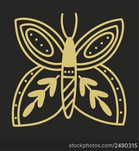 Golden decorated butterfly esoteric symbol. Boho moth design element isolated vector illustration. Butterfly doodle decoration. Golden decorated butterfly esoteric symbol