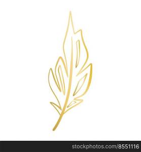  Golden decorative bird feather isolated vector illustration. Gold symbol of writing and literature. Decoration clipart for postcard, invitation and design