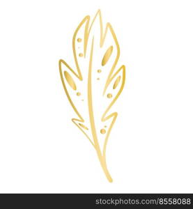 Golden decorative feather isolated vector illustration. Simple outline decoration for postcard, invitation and design. Gold graceful bird feather clipart. Golden decorative feather isolated vector illustration