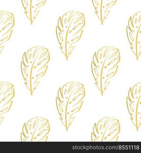Golden decorative feathers seamless pattern vector illustration. Repeat gold feather background. Print for textile, packaging, paper, wallpaper and design