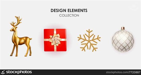 Golden deer, gift box, snowflake and ball 3d decoration for christmas and new year design. Vector Illustration EPS10. Golden deer, gift box, snowflake and ball 3d decoration for christmas and new year design. Vector Illustration