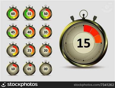 Golden digital timers countdown. Realistic chronometer with different times, vector illustration isolated on white background. Time management symbol.