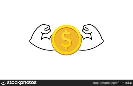 Golden dollar coin icon. Strong muscles. Savings. Money. Vector EPS 10. Isolated on background.. Golden dollar coin icon. Strong muscles. Savings. Money. Vector EPS 10. Isolated on background
