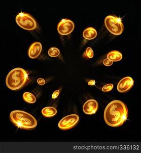 Golden dollar coins explosion isolated. Vector illustration for finance and gambling concept. Gold coin dollar and finance fortune. Golden dollar coins explosion isolated. Vector illustration for finance and gambling concept