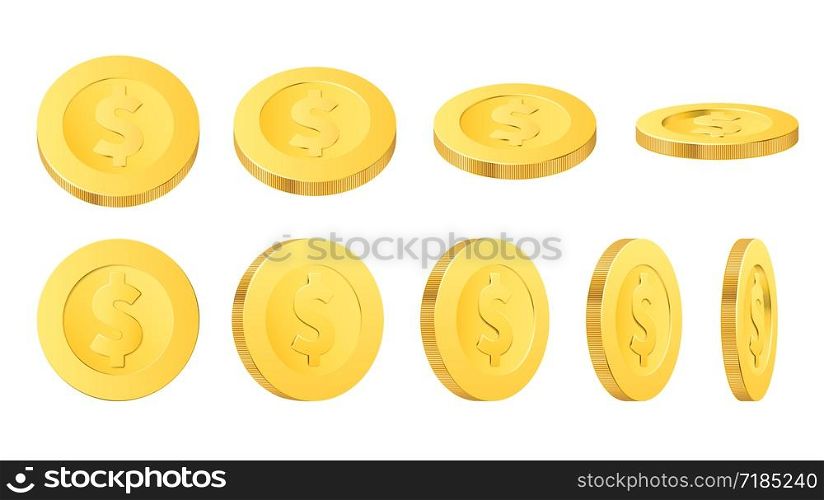 Golden dollar coins, isolated realistic gold money, currency or cash vector design. Treasure, wealth and casino jackpot, finance, business and economy concept with coins in different positions. Gold dollar coins, isolated realistic golden money
