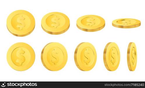 Golden dollar coins, isolated realistic gold money, currency or cash vector design. Treasure, wealth and casino jackpot, finance, business and economy concept with coins in different positions. Gold dollar coins, isolated realistic golden money