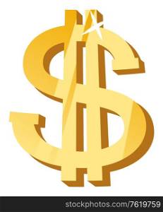 Golden dollar isolated icon vector, symbol of American currency. Sign of US financial unit, savings and investment. Earning of capital investing cash. Golden Dollar Symbol, Wealth and Richness Icon