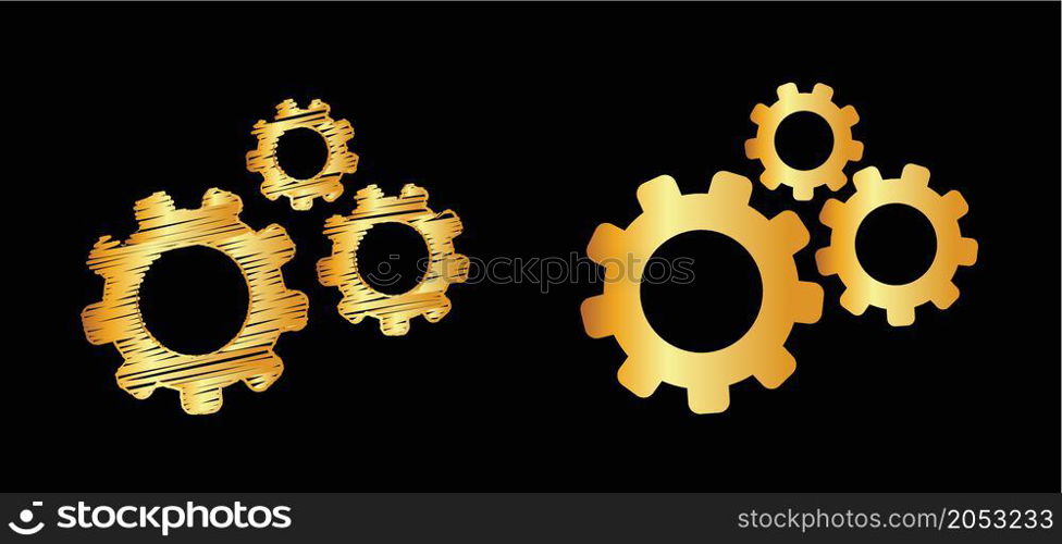 Golden drawing. Cogwheels chaos brain. Cogwheel, gear mechanism settings tools. Fun drawing vector gears person icon or sign. Service cog brain pattern or template banner. Think big ideas.