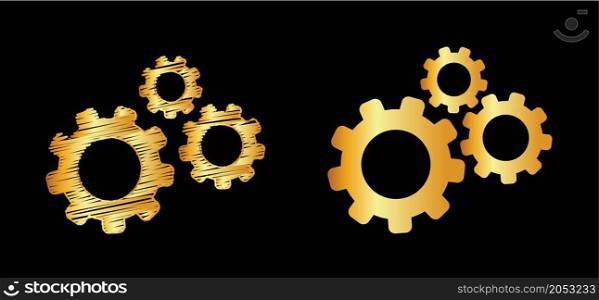Golden drawing. Cogwheels chaos brain. Cogwheel, gear mechanism settings tools. Fun drawing vector gears person icon or sign. Service cog brain pattern or template banner. Think big ideas.