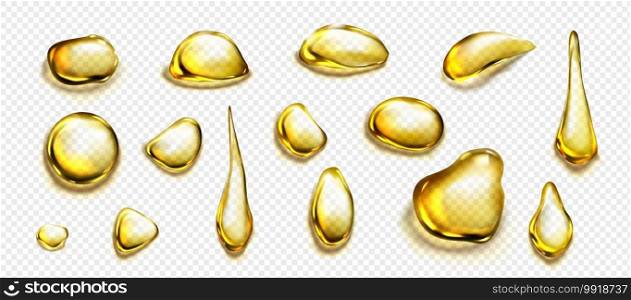 Golden drops and puddles of oil or liquid honey isolated on transparent background. Vector realistic set of gold drips of organic cosmetic or food oil, top view of clear yellow stains. Golden drops and puddles of oil or liquid honey