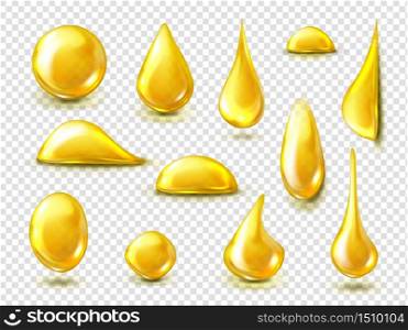 Golden drops of oil or honey isolated on transparent background. Vector realistic mockup of liquid yellow drips of organic cosmetic or food oil, clear golden bubbles. Realistic set of golden drops of oil or honey