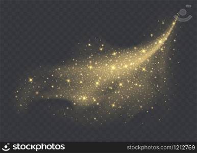 Golden dust cloud with sparkles isolated on transparent background. Stardust sparkling background. Glowing glitter smoke or splash. Vector illustration.. Golden dust cloud with sparkles isolated on transparent background. Stardust sparkling background.