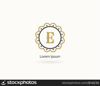 Golden E letter logo design. Luxury letter j monogram. Cosmetics and beauty product mandala illustration.