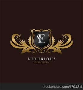 Golden E Logo Luxurious Shield, creative vector design for luxury brand identity.