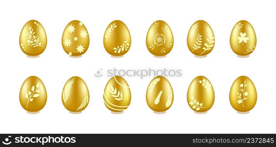 Golden Easter eggs with different white ornaments made of leaves and twigs, smooth texture. Traditional happy life and wealth symbols. Set of twelve isolated 3D vector designs for prints. Realistic golden Easter eggs with floral and herbal designs