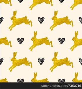 Golden Easter seamless pattern with rabbits and hearts. Vector illustration. Decorative festive background