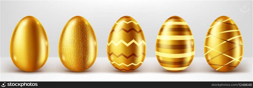 Golden eggs realistic vector set illustration. Shining Easter eggs from gold metal decorated with elegant pattern, festive gift with shadow isolated on white background. Golden eggs realistic vector set illustration