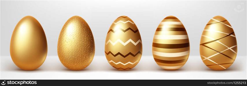 Golden eggs realistic vector set illustration. Shining Easter eggs from gold metal decorated with elegant pattern, festive gift with shadow isolated on white background. Golden eggs realistic vector set illustration