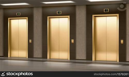 Golden elevator with closed doors in hallway. Vector realistic empty modern office or hotel lobby interior with luxury gold lift, panel with buttons and floor display on wall. Golden elevator with closed doors in hallway