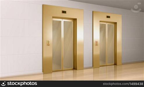 Golden elevator with glass doors in hallway perspective view. Vector realistic empty modern office or hotel lobby interior with luxury lift, panel with buttons and floor display on wall. Golden elevator with glass doors in hallway