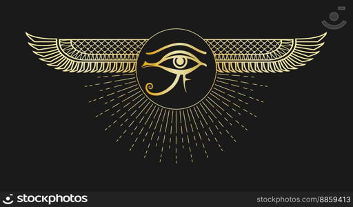 Golden Emblem of Ancient Egyptian Symbol Eye of Horus isolated on Black Background. Vector illustration.